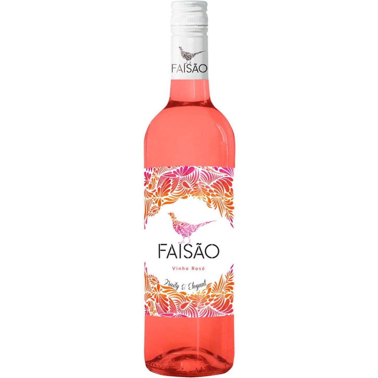 Garrafa de vinho rosé Faisão 75cl com rótulo branco e detalhes em laranja, fornecedor de vinhos Lisboa Portugal,.