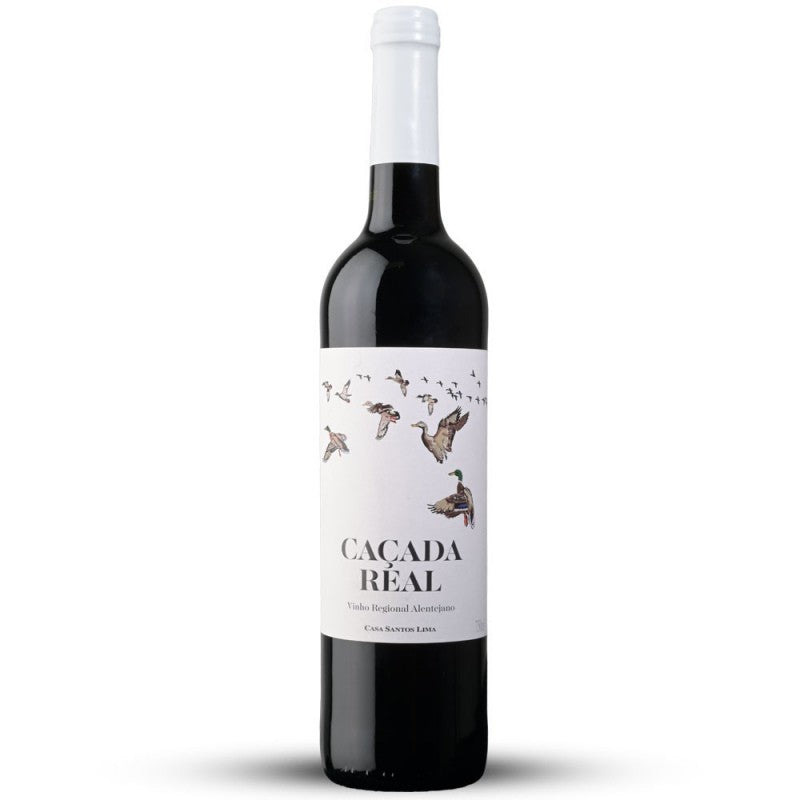 Garrafa de vinho tinto Cacada Real 75cl com rótulo branco e ilustrações de pássaros, fornecedor de vinhos Lisboa Portugal,.