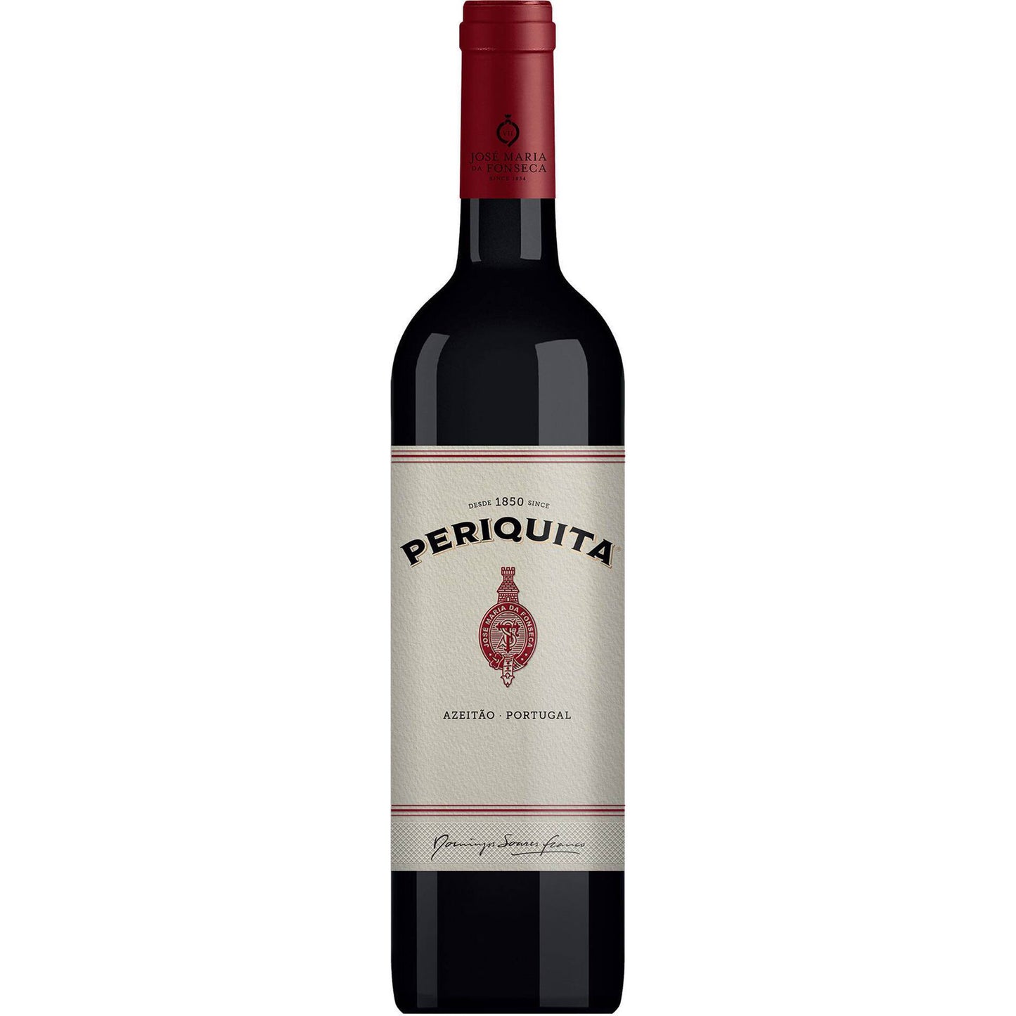 Garrafa de vinho tinto Periquita 750ml com rótulo branco e tampa vermelha, fornecedor de vinhos Lisboa Portugal,.