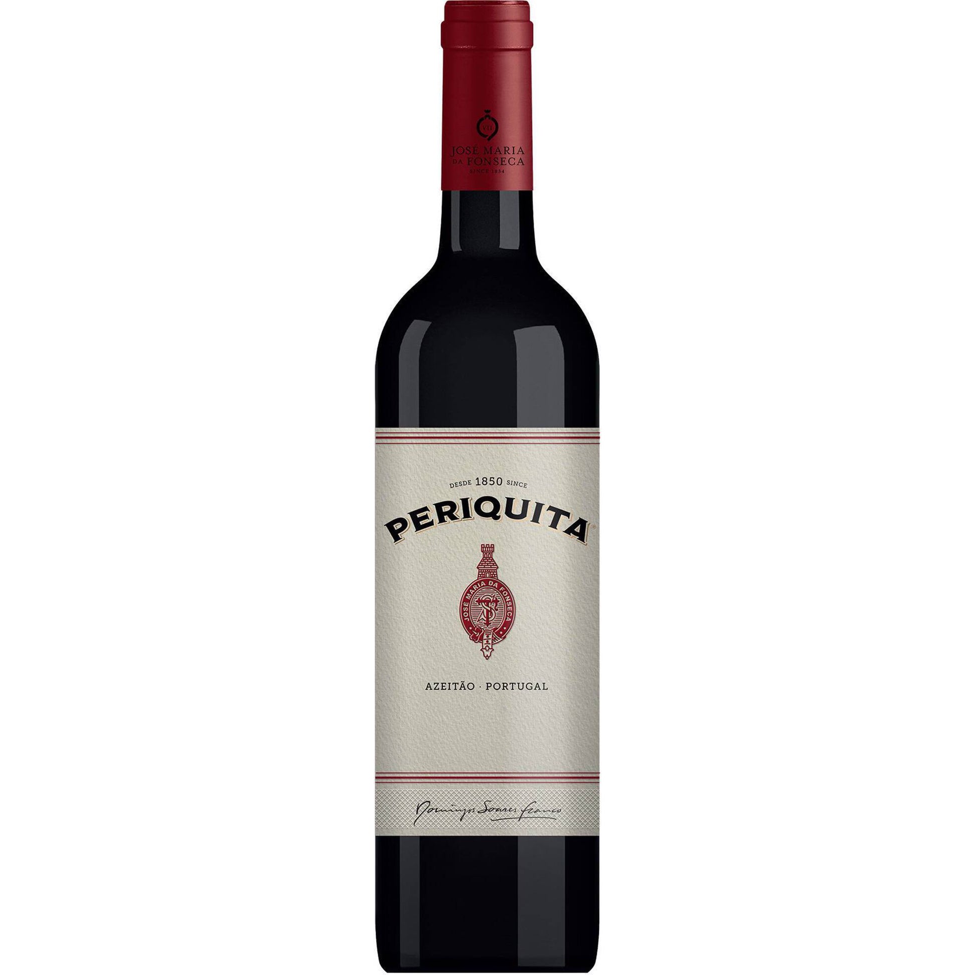 Garrafa de vinho tinto Periquita 750ml com rótulo branco e tampa vermelha, fornecedor de vinhos Lisboa Portugal,.