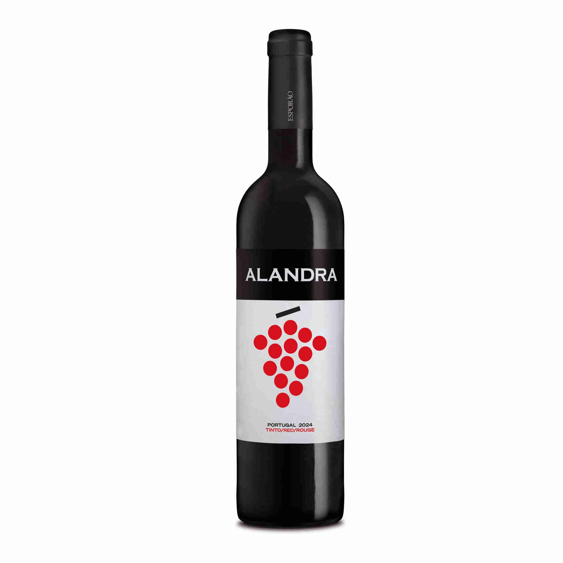 Garrafa de vinho tinto Alandra 75cl com rótulo branco e desenho de uvas vermelhas fornecedor de vinhos Lisboa Portugal.