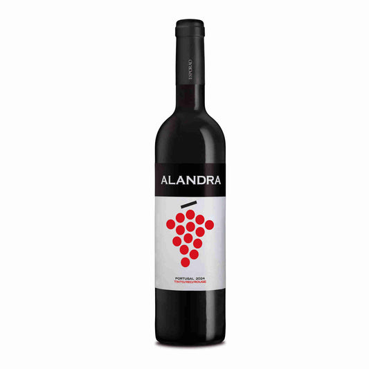 Garrafa de vinho tinto Alandra 75cl com rótulo branco e desenho de uvas vermelhas fornecedor de vinhos Lisboa Portugal.