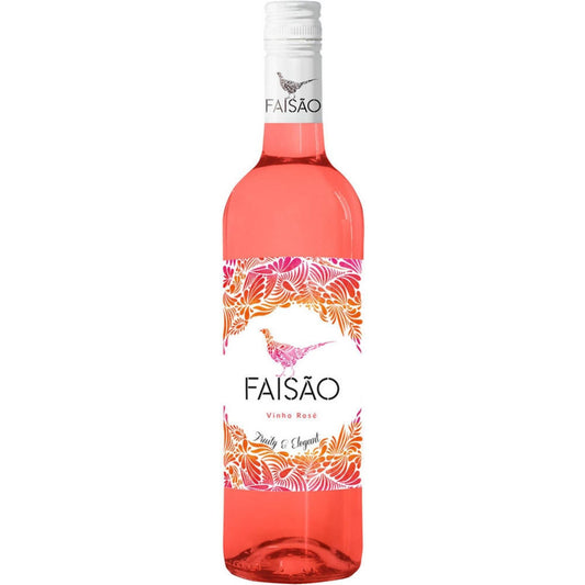 Garrafa de vinho rosé Faisão 75cl com rótulo branco e detalhes em laranja, fornecedor de vinhos Lisboa Portugal,.