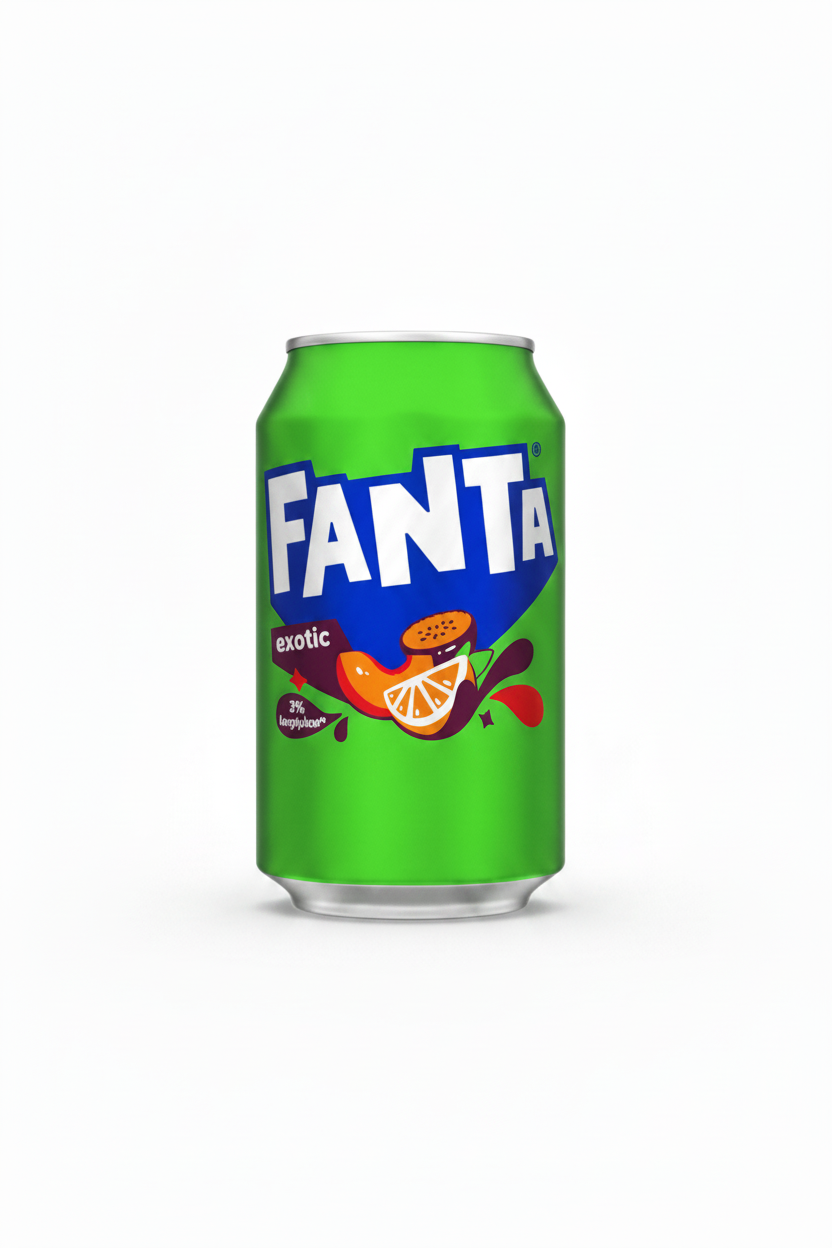 Lata verde de Fanta Exotic 33cl com ilustração de frutas tropicais, fornecedor de refrigerantes Portugal, distribuidor.