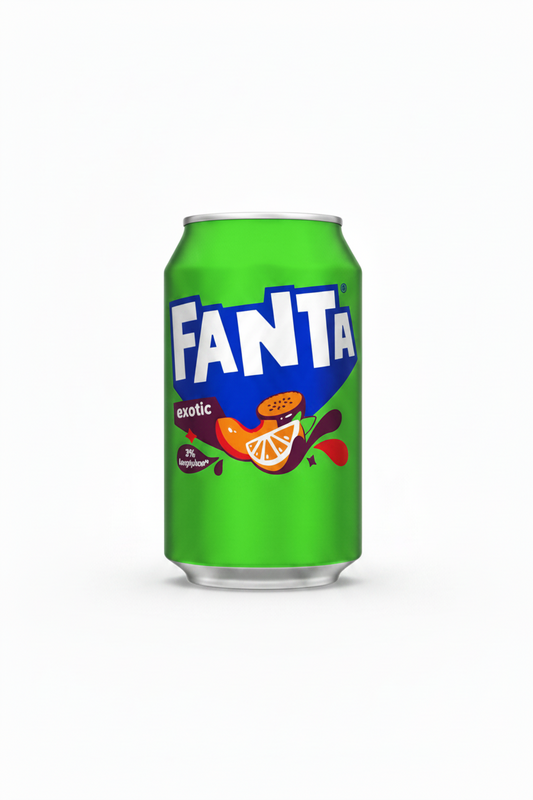 Lata verde de Fanta Exotic 33cl com ilustração de frutas tropicais, fornecedor de refrigerantes Portugal, distribuidor.