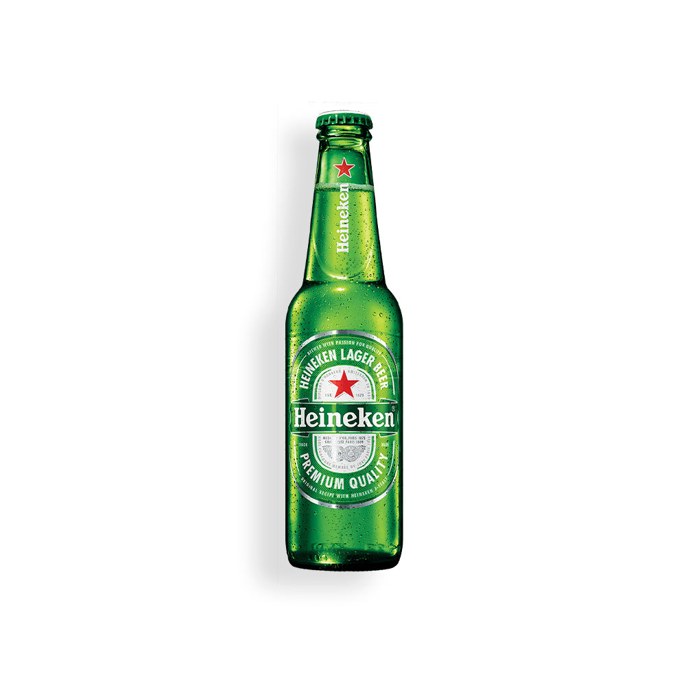 Garrafa verde de cerveja Heineken 25cl com rótulo branco e vermelho, fornecedor de cervejas Portugal.