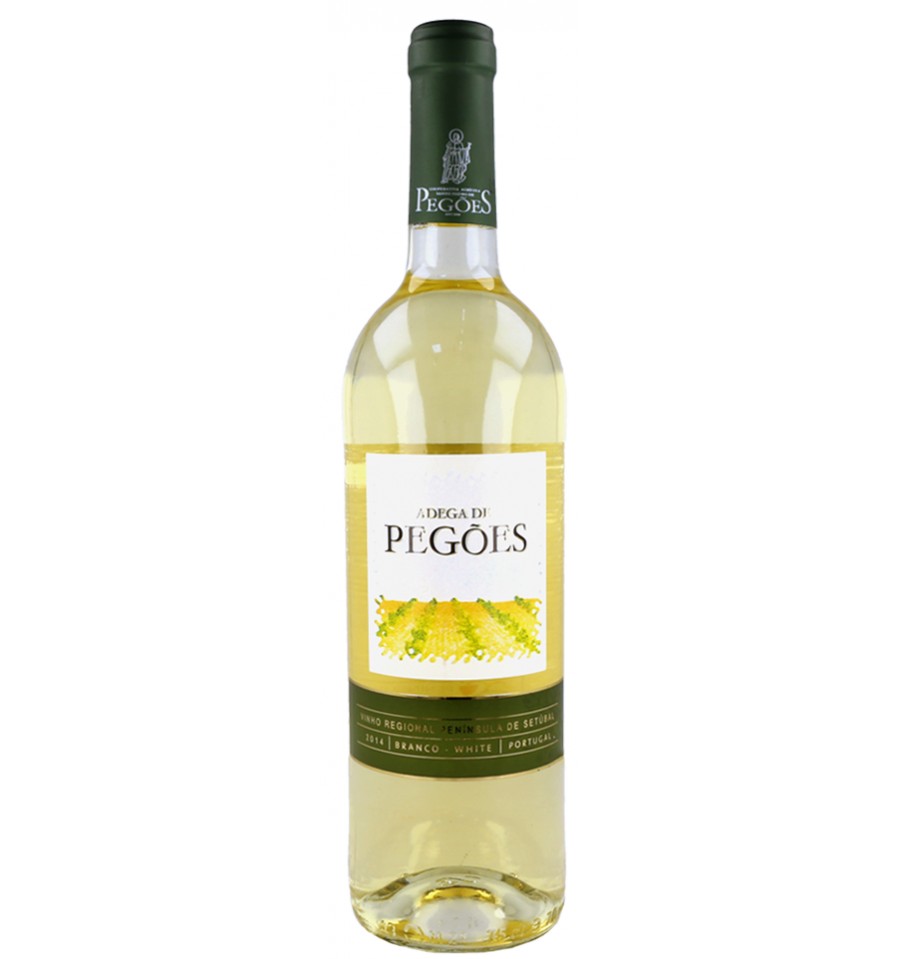 Garrafa de vinho branco Adega de Pegões 75cl com rótulo branco e verde, fornecedor de vinhos Lisboa Portugal, distribuidor.