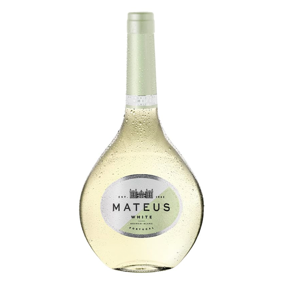 Garrafa de vinho branco Mateus 75cl com formato único, fornecedor de vinhos Lisboa Portugal, distribuidor horeca.