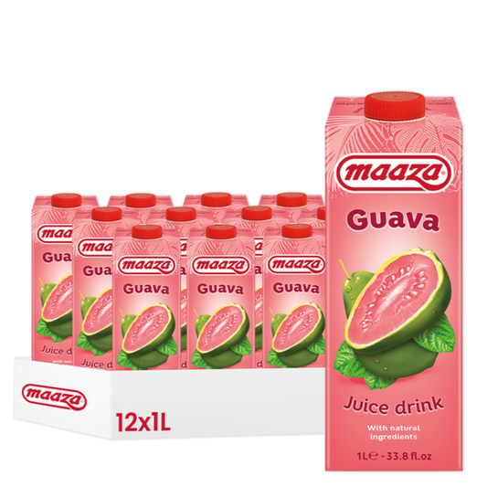 Pack de 12 unidades de Maaza Guava 1L com embalagem rosa e imagem de goiaba, fornecedor de refrigerantes Portugal,.