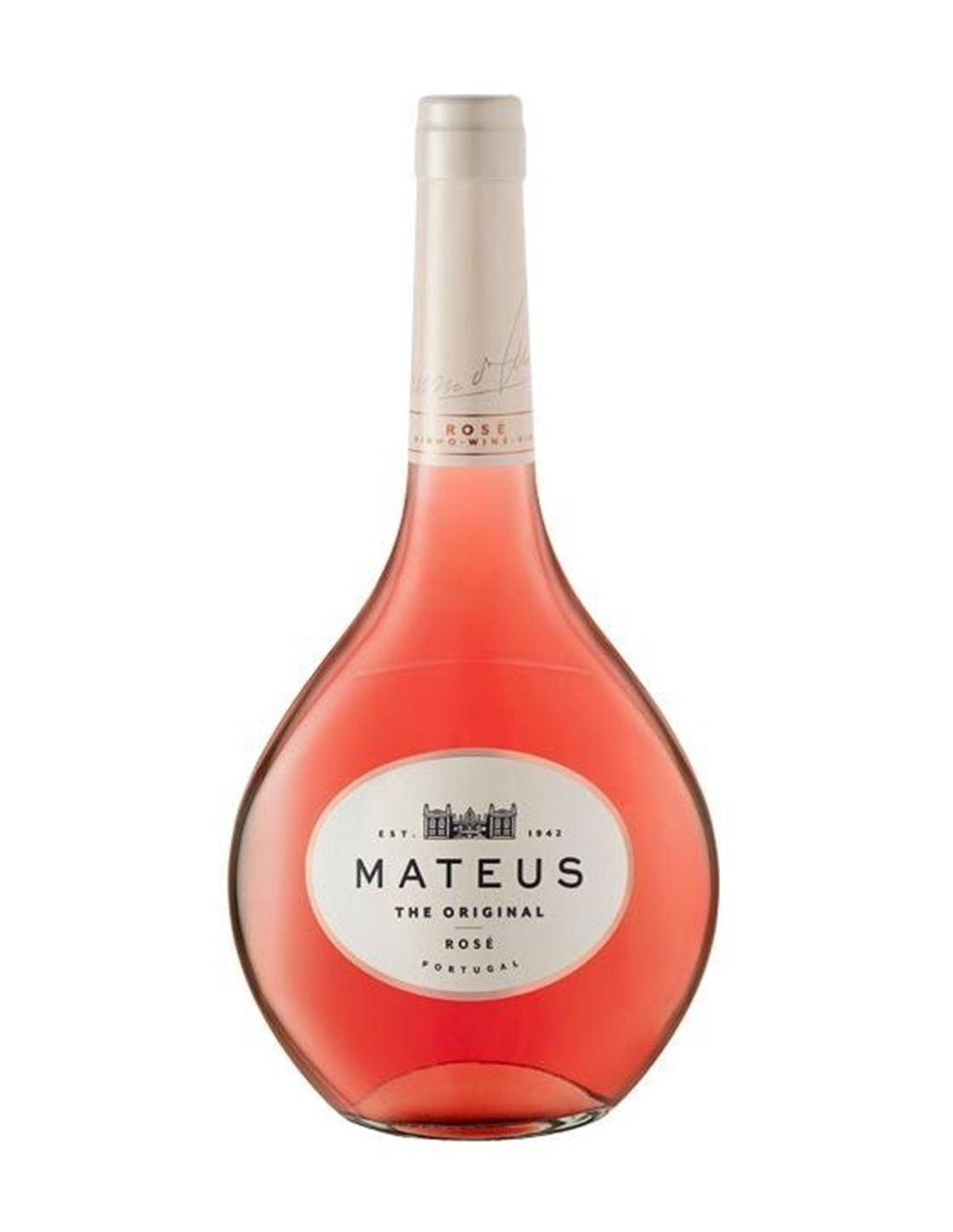 Garrafa de vinho Mateus Rosé 75cl com design arredondado e rótulo branco fornecedor de vinhos Lisboa Portugal distribuidor.