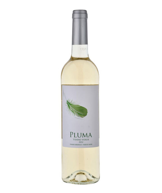 Garrafa de vinho branco Pluma 75cl com rótulo branco e folha verde, fornecedor de vinhos Lisboa Portugal, distribuidor.