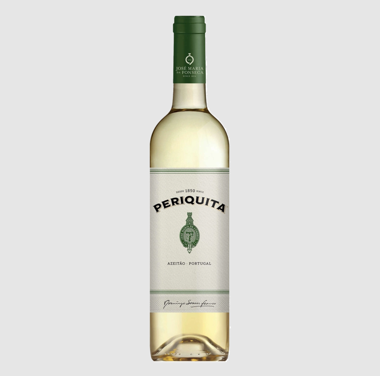 Garrafa de vinho branco Periquita 75cl com rótulo branco e verde, fornecedor de vinhos Lisboa Portugal, distribuidor horeca.