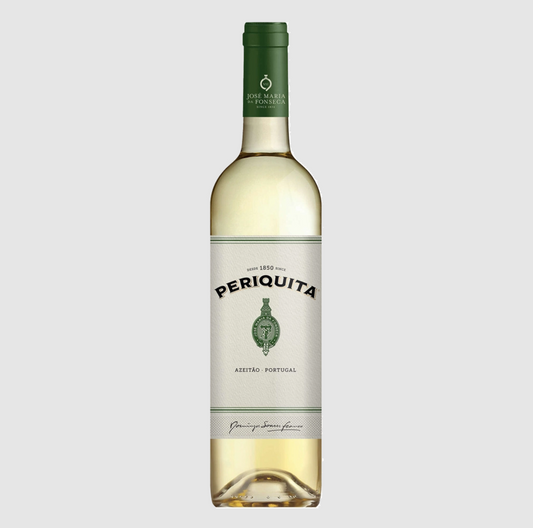 Garrafa de vinho branco Periquita 75cl com rótulo branco e verde, fornecedor de vinhos Lisboa Portugal, distribuidor horeca.